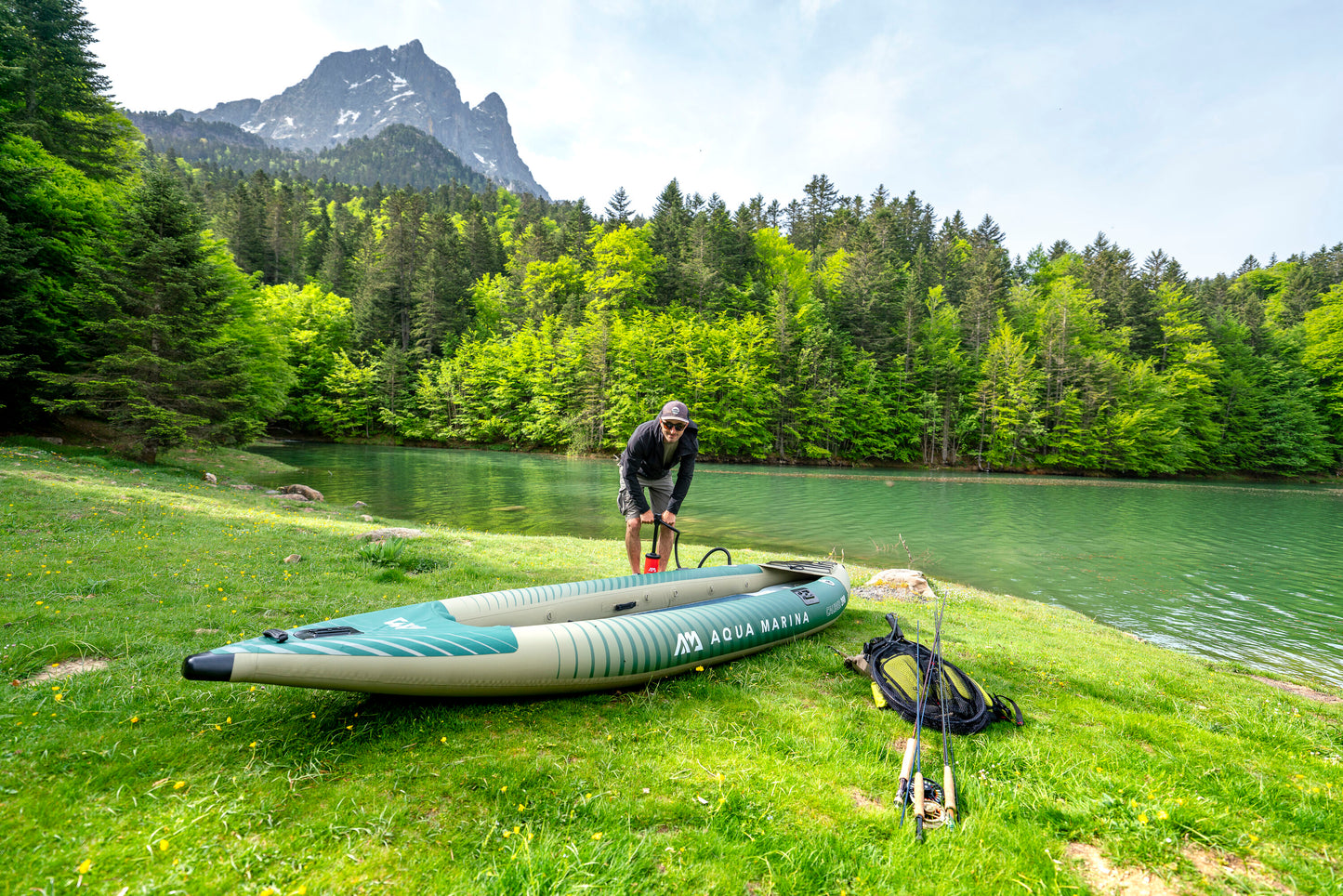 Inflatable fishing kayak rental with rod holders and gear space—ideal for solo anglers on Flathead Lake, Echo Lake, Swan Lake, Whitefish Lake or surrounding lakes in the Flathead Valley, delivered to docks and lakeside camps. Rent at MontanaBoarders.com