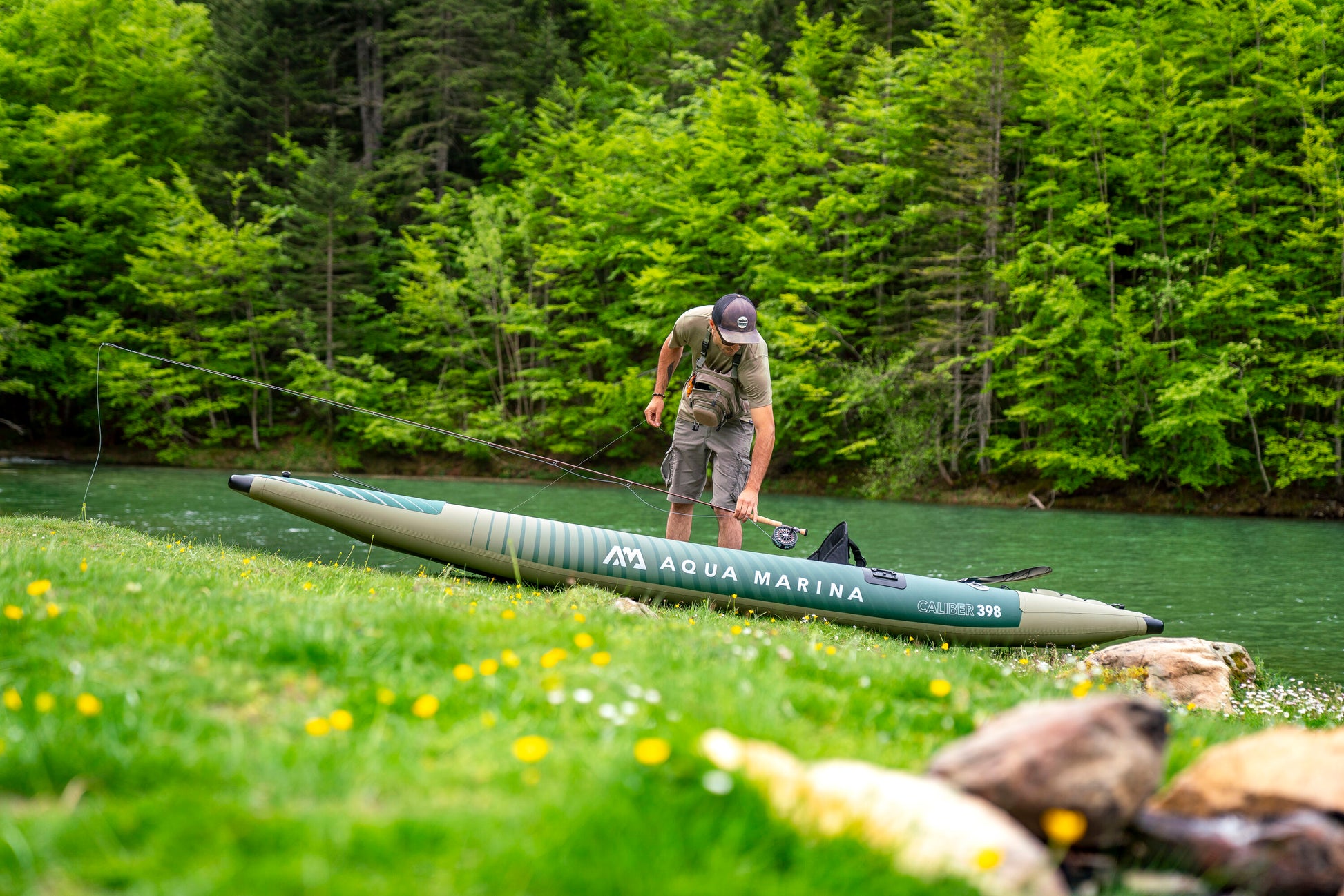 Inflatable fishing kayak rental with rod holders and gear space—ideal for solo anglers on Flathead Lake, Echo Lake, Swan Lake, Whitefish Lake or surrounding lakes in the Flathead Valley, delivered to docks and lakeside camps. Rent at MontanaBoarders.com