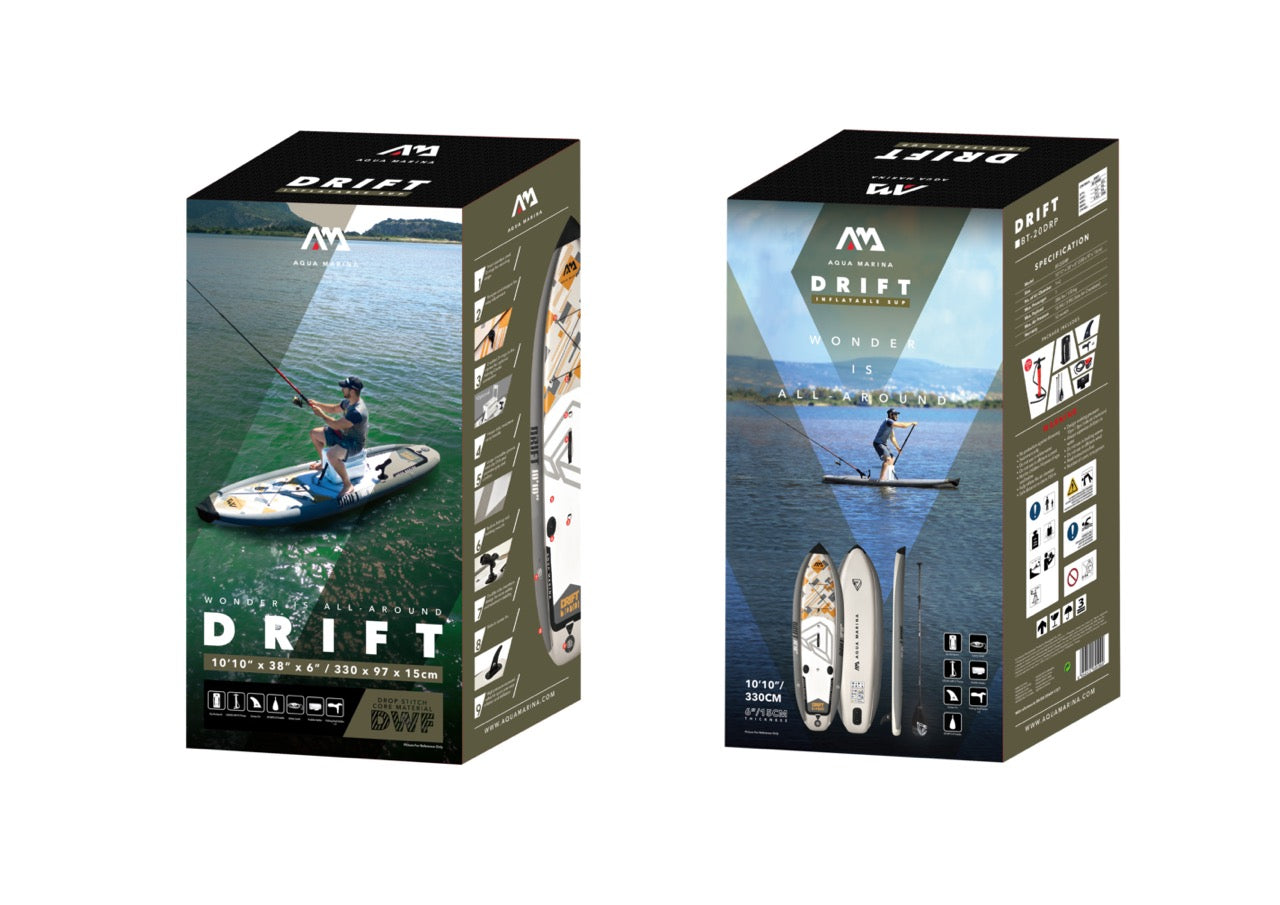 Retail Box. Rent from MontanaBoarders.com for fishing iSUP like this Drift Inflatable fishing paddleboard by Aqua Marina. At 10'10 ft, carry bag, hand pump, cooler, and two fishing rod holders, you can reel them in all day. Rent from MTboarders or buy now from e-boarders.com