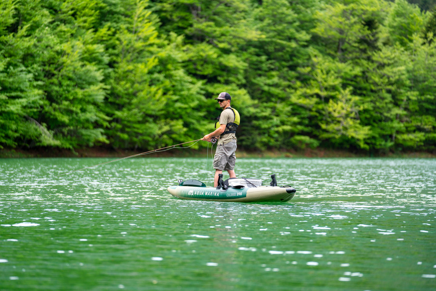 Inflatable fishing kayak rental with rod holders and gear space—ideal for solo anglers on Flathead Lake, Echo Lake, Swan Lake, Whitefish Lake or surrounding lakes in the Flathead Valley, delivered to docks and lakeside camps. Rent at MontanaBoarders.com