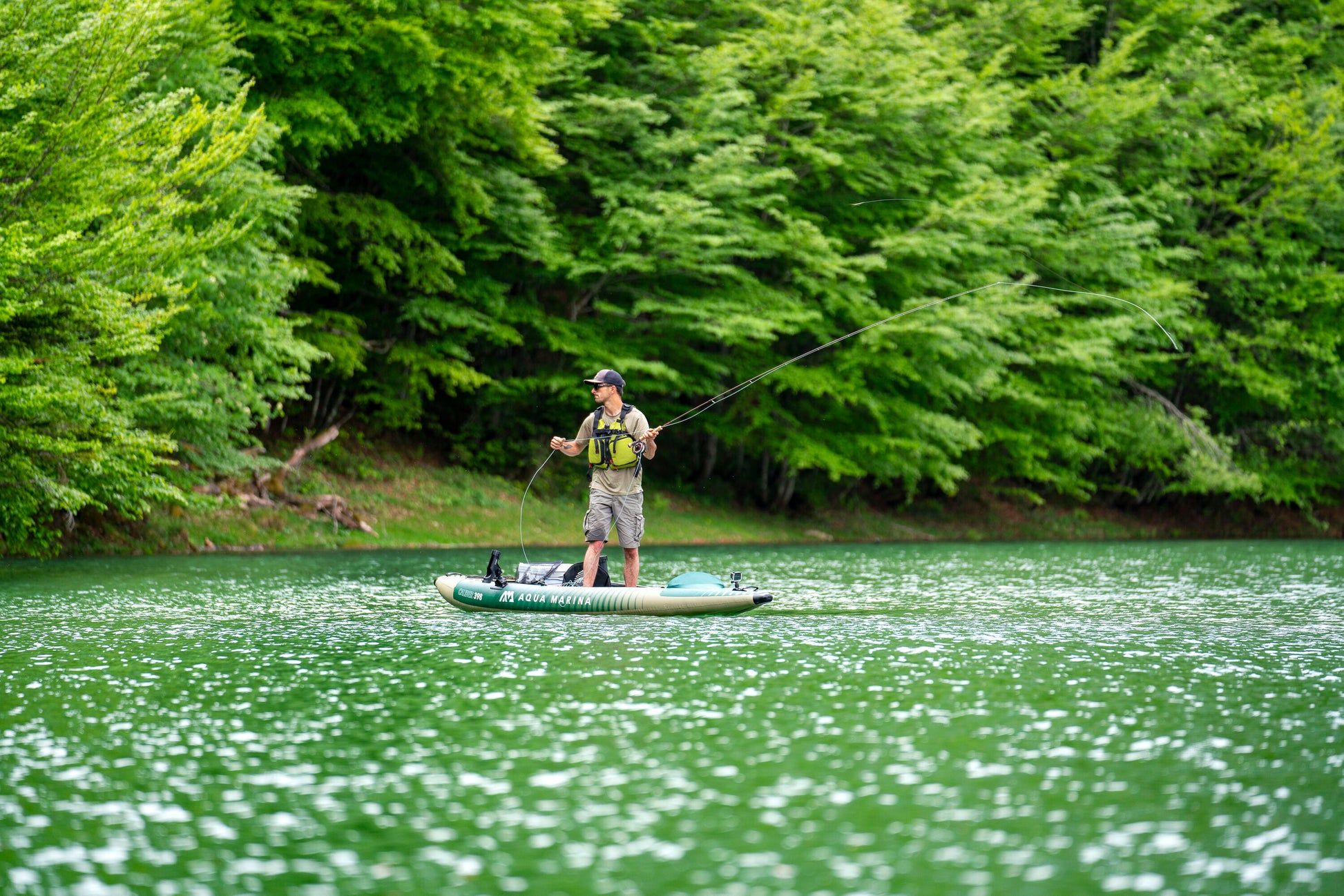 Inflatable fishing kayak rental with rod holders and gear space—ideal for solo anglers on Flathead Lake, Echo Lake, Swan Lake, Whitefish Lake or surrounding lakes in the Flathead Valley, delivered to docks and lakeside camps. Rent at MontanaBoarders.com