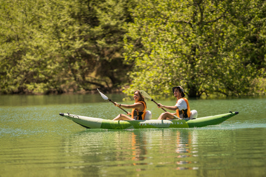 Family inflatable kayak rental for 1 to 3 paddlers—delivered to lake docks, vacation homes, and campsites in Flathead Valley, Montana. Rent at MontanaBoarders.com. Paddle lessons at MontanaBoardingSchool.com