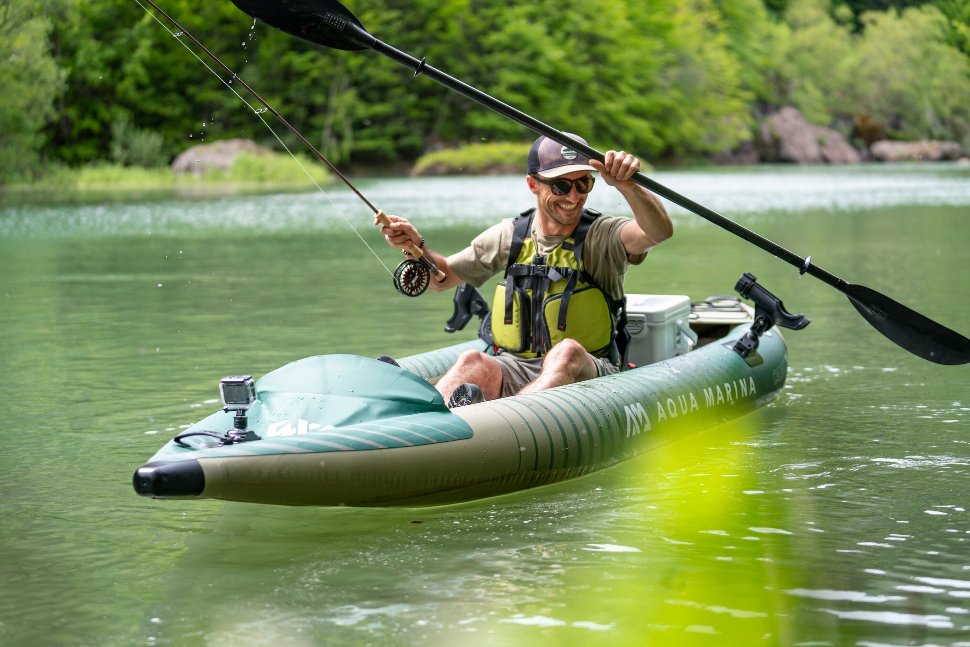 Inflatable fishing kayak rental with rod holders and gear space—ideal for solo anglers on Flathead Lake, Echo Lake, Swan Lake, Whitefish Lake or surrounding lakes in the Flathead Valley, delivered to docks and lakeside camps. Rent at MontanaBoarders.com