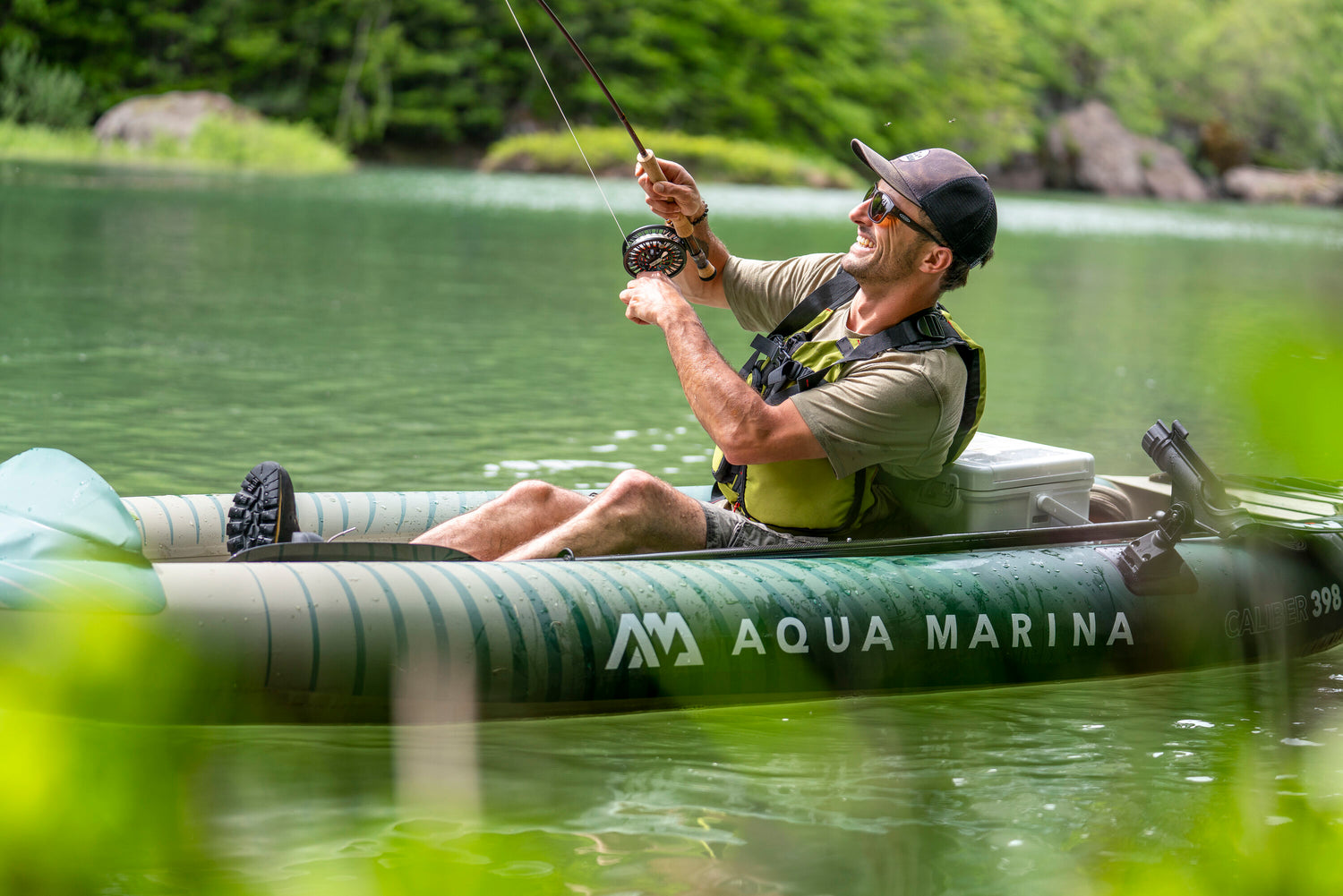 Inflatable fishing kayak rental with rod holders and gear space—ideal for solo anglers on Flathead Lake, Echo Lake, Swan Lake, Whitefish Lake or surrounding lakes in the Flathead Valley, delivered to docks and lakeside camps. Rent at MontanaBoarders.com