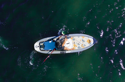 Fisherman on inflatable paddleboard isup Drift by Aqua Marina with fishing pole. Rent fishing gear from MTBoarders.com with delivery included. Or buy now from e-boarders.com