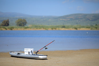 Inflatable paddleboard isup Drift by Aqua Marina with fishing pole. Rent fishing gear from MTBoarders.com with delivery included. Or buy now from e-boarders.com