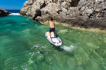 Fisherman on inflatable paddleboard isup paddling the Drift by Aqua Marina. Rent fishing gear from MTBoarders.com with delivery included. Or buy now from e-boarders.com