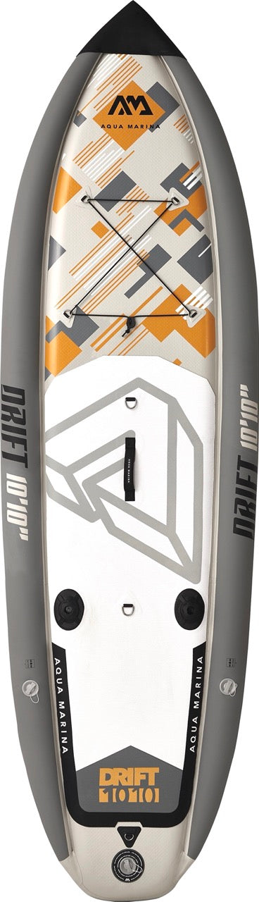 Top view. Rent from MontanaBoarders.com for fishing iSUP like this Drift Inflatable fishing paddleboard by Aqua Marina. At 10'10 ft, carry bag, hand pump, cooler, and two fishing rod holders, you can reel them in all day. Rent from MTboarders or buy now from e-boarders.com