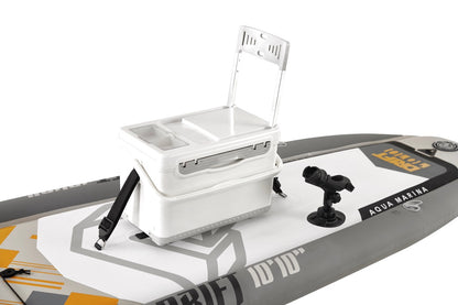 Cooler strapped in. Rent from MontanaBoarders.com for fishing iSUP like this Drift Inflatable fishing paddleboard by Aqua Marina. At 10'10 ft, carry bag, hand pump, cooler, and two fishing rod holders, you can reel them in all day. Rent from MTboarders or buy now from e-boarders.com