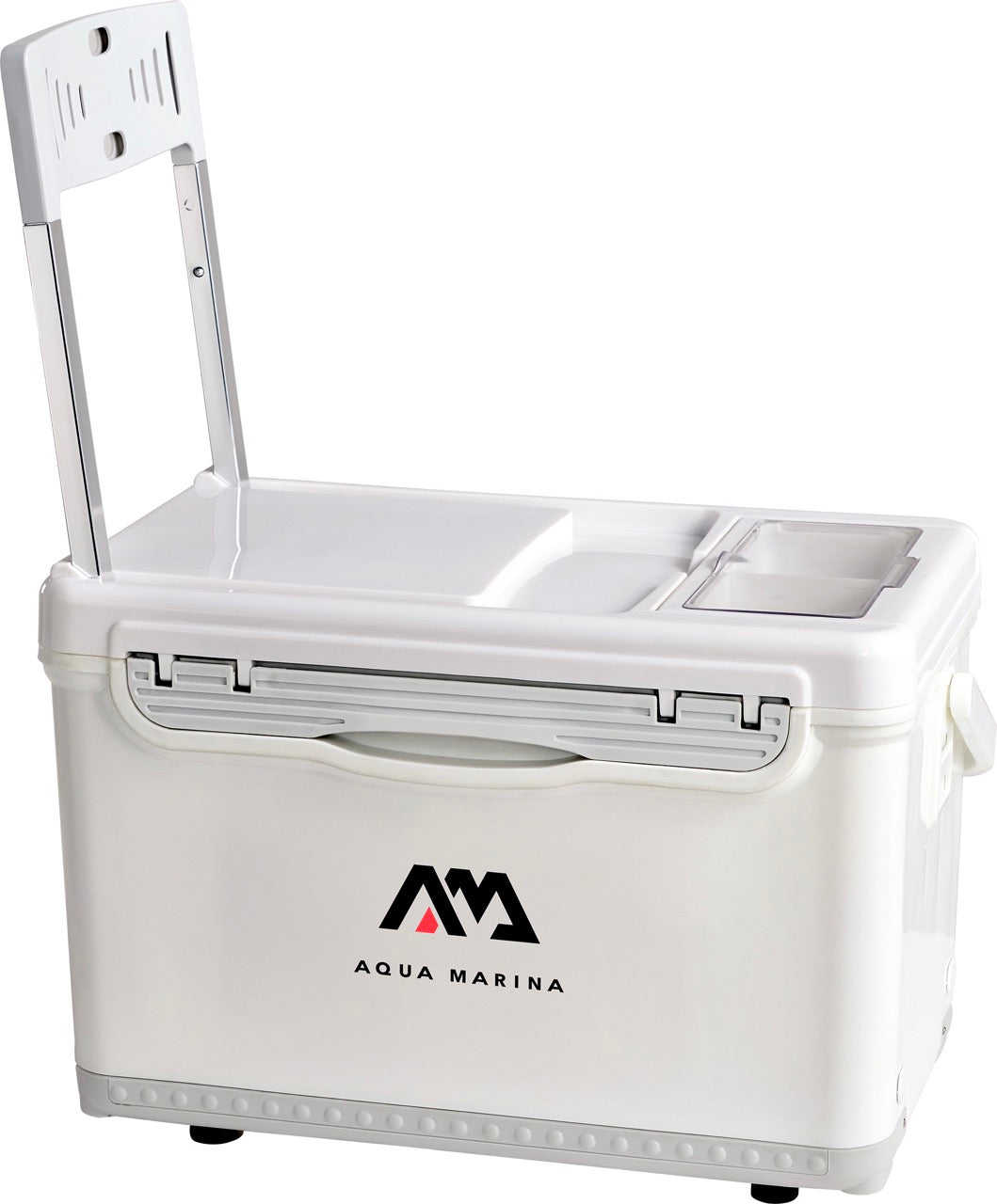 Cooler with handle, side view. Rent from MontanaBoarders.com for fishing iSUP like this Drift Inflatable fishing paddleboard by Aqua Marina. At 10'10 ft, carry bag, hand pump, cooler, and two fishing rod holders, you can reel them in all day. Rent from MTboarders or buy now from e-boarders.com
