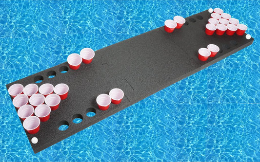 Floating beer pong board game rental with extra distance extensions on Flathead Lake. Pickup or delivery scheduled at MontanaBoarders.com
