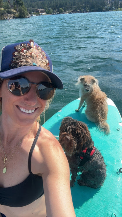Woman with sunglasses and cap on a paddleboard with two dogs, surrounded by water and trees.