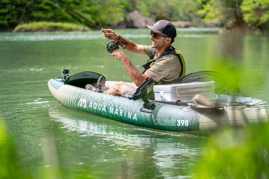 Inflatable fishing kayak rental with rod holders and gear space—ideal for solo anglers on Flathead Lake, Echo Lake, Swan Lake, Whitefish Lake or surrounding lakes in the Flathead Valley, delivered to docks and lakeside camps. Rent at MontanaBoarders.com