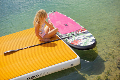 Inflatable lake furniture bundle rental with floating dock, lounge chairs, and table—delivered to waterfront properties in Flathead Valley, Montana. Rent from MontanaBoarders.com purchase from flagship partner eboarders.com