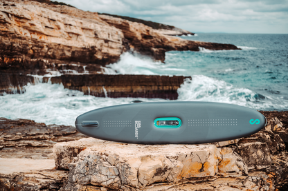 Bottom view of SipaBoards self-inflating electric paddleboard rental with built-in propulsion and Bluetooth remote, delivered to Flathead Valley lakefronts.