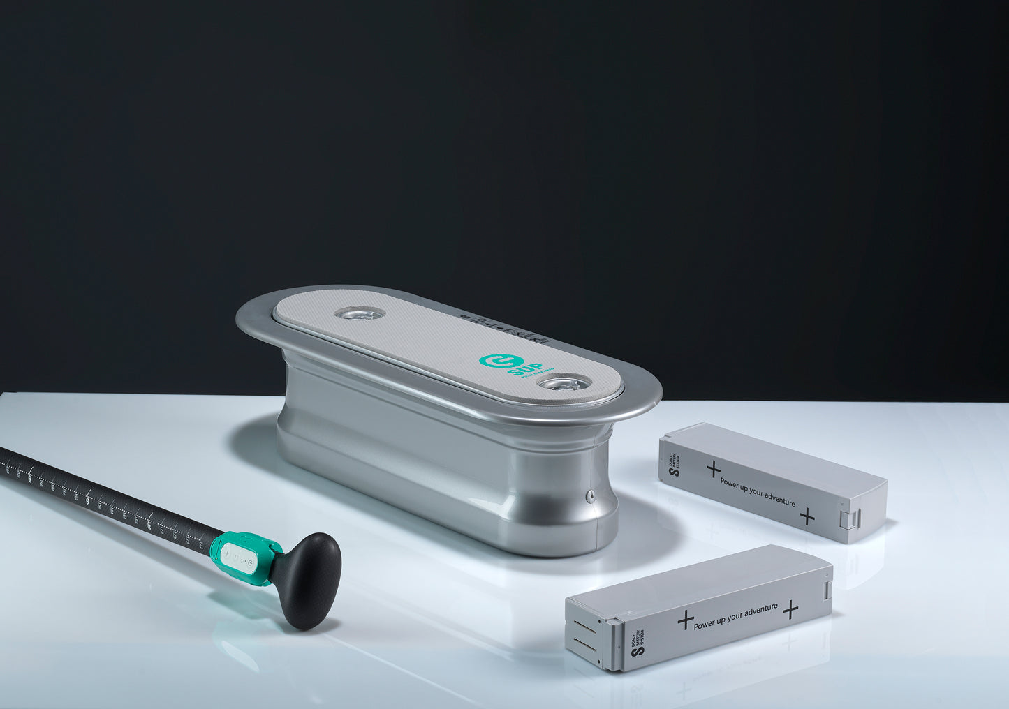 Battery and thruster unit for SipaBoards self-inflating electric paddleboard rental with built-in propulsion and Bluetooth remote, delivered dockside in Flathead Valley.